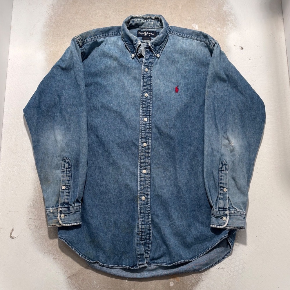 Polo Ralph Lauren Blaire Denim Shirt Mens Medium Blue Distressed Vintage Pony